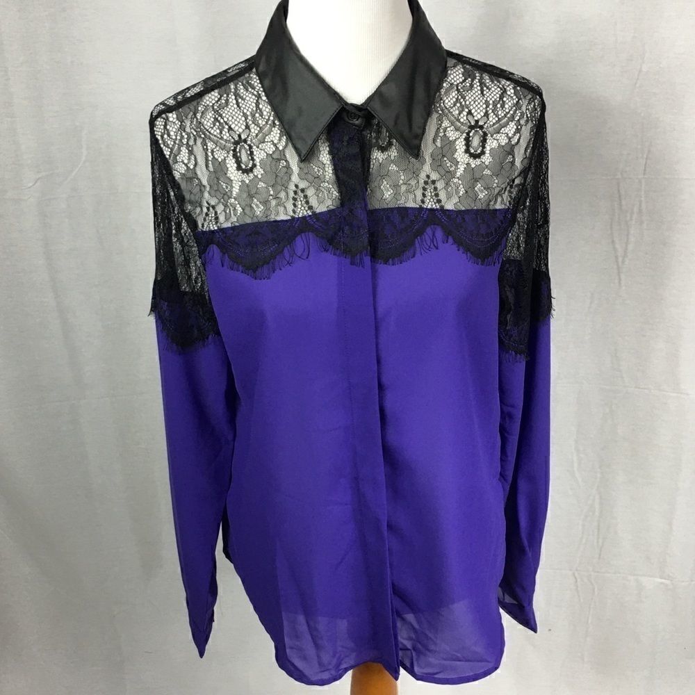 NWT Glol XL purple black lace button shirt long sleeved 100% polyester